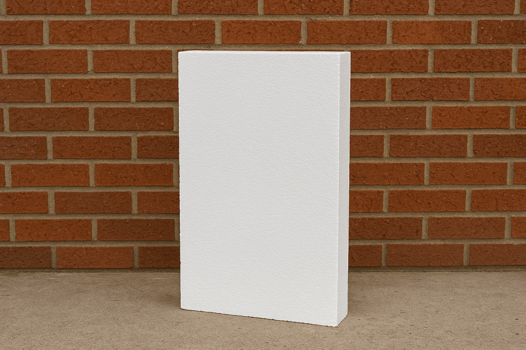 Portrait External Wall Insulation board standing against brick wall